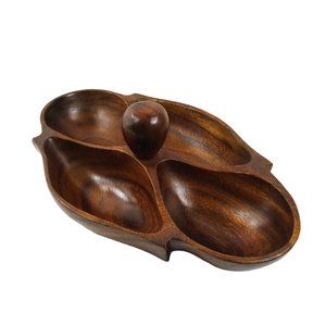 Vintage Signed ABERDEEN HAWAII Hand Crafted Monkey Pod Divided Wood 12" Dish